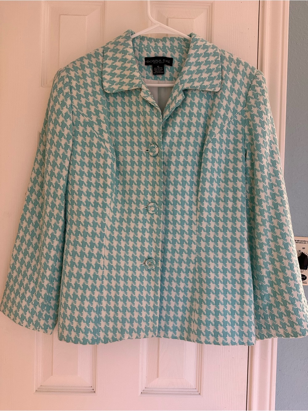 Donna Rae New York Blazer teal and white houndstooth tweed pattern size 12